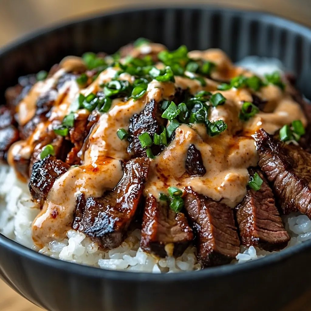 Korean BBQ Steak Rice Bowls with Spicy Cream Sauce