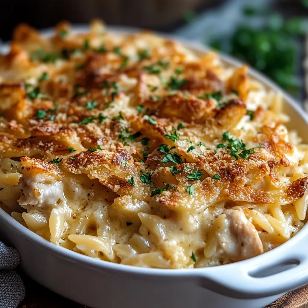 French Onion Chicken Orzo Casserole